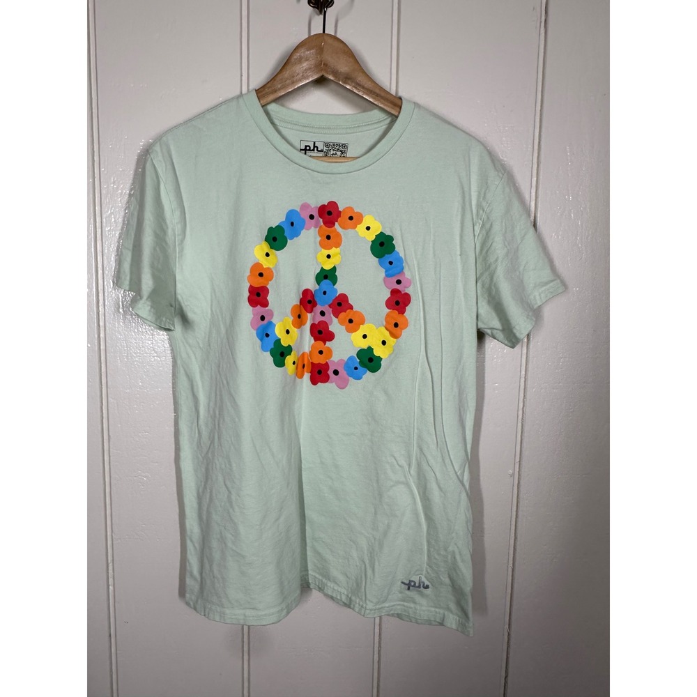 The Phluid Project T-Shirt Women L Green Peace Sign Floral Rainbow PHA001F46 Tee